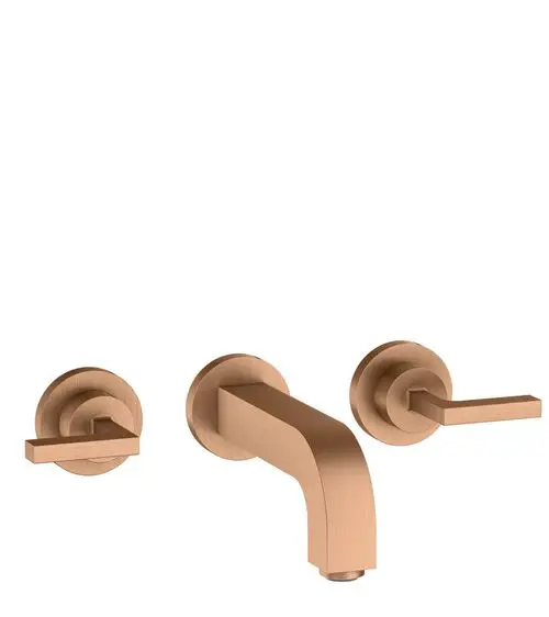 AXOR-Waschtischarmatur mit drei Komponenten für die Wandmontage, einschließlich einer Auslaufbezeichnung und zwei Hebelgriffen in Brushed Bronze-Finish.